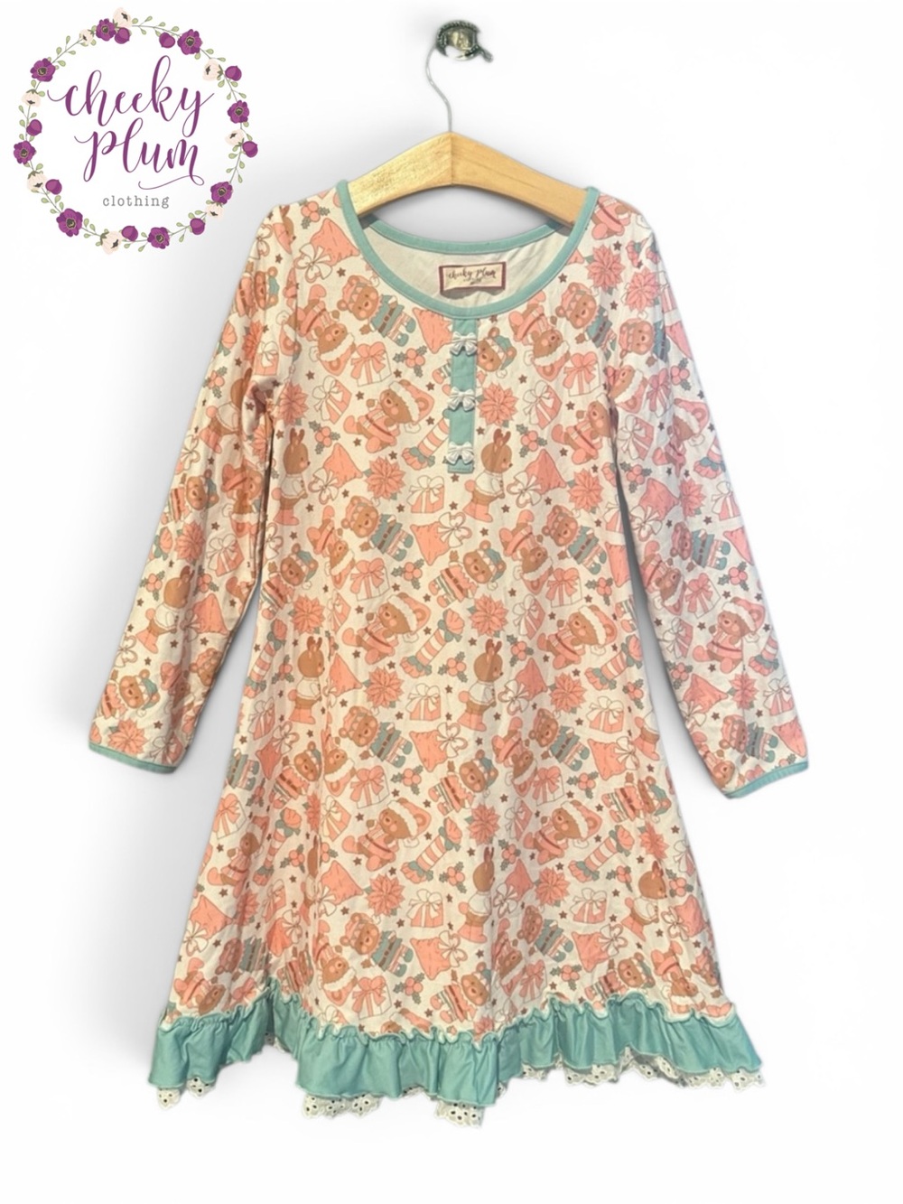 Cheeky Plum Gingerbread Print Nightgown with Teal Trim